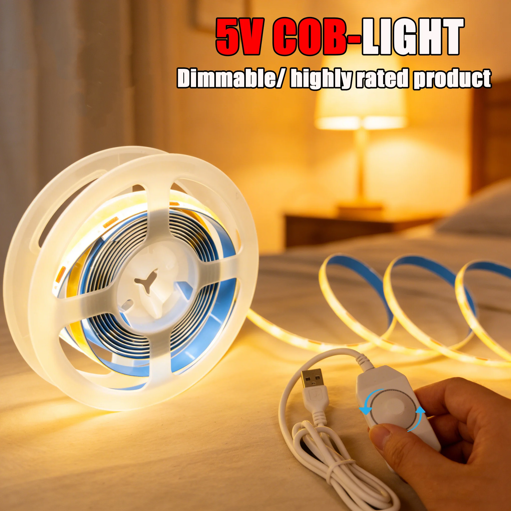 8mm Thin LED COB Strip with Stepless Dimmer 1M/2M/3M/5M 5V USB Switch COB LED Strip Lights-Flexible Warm / White Lighting