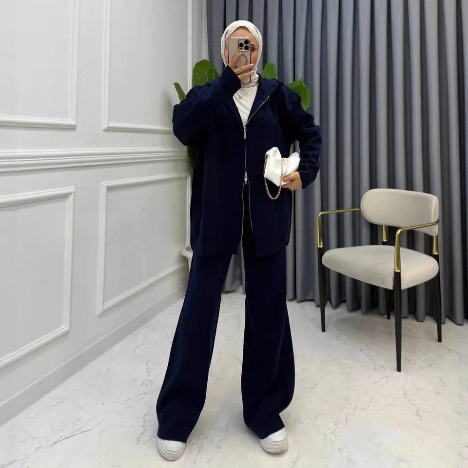 

2025 Autumn New Hooded Zipper Wide Leg Pants Set Women Simple Elegant Fashion Multiple Colors Available