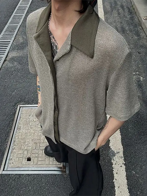 Knitted Short-sleeved Shirt Men's Summer Seven-quarter-sleeved Fake Two-piece Collar Casual