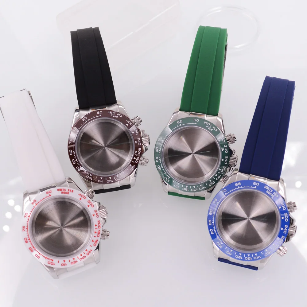 40mm Sapphire Glass Stainless Steel Watch Cases Rubber Strap Fit Japanese VK63 Movement White/Blue/Green/Black