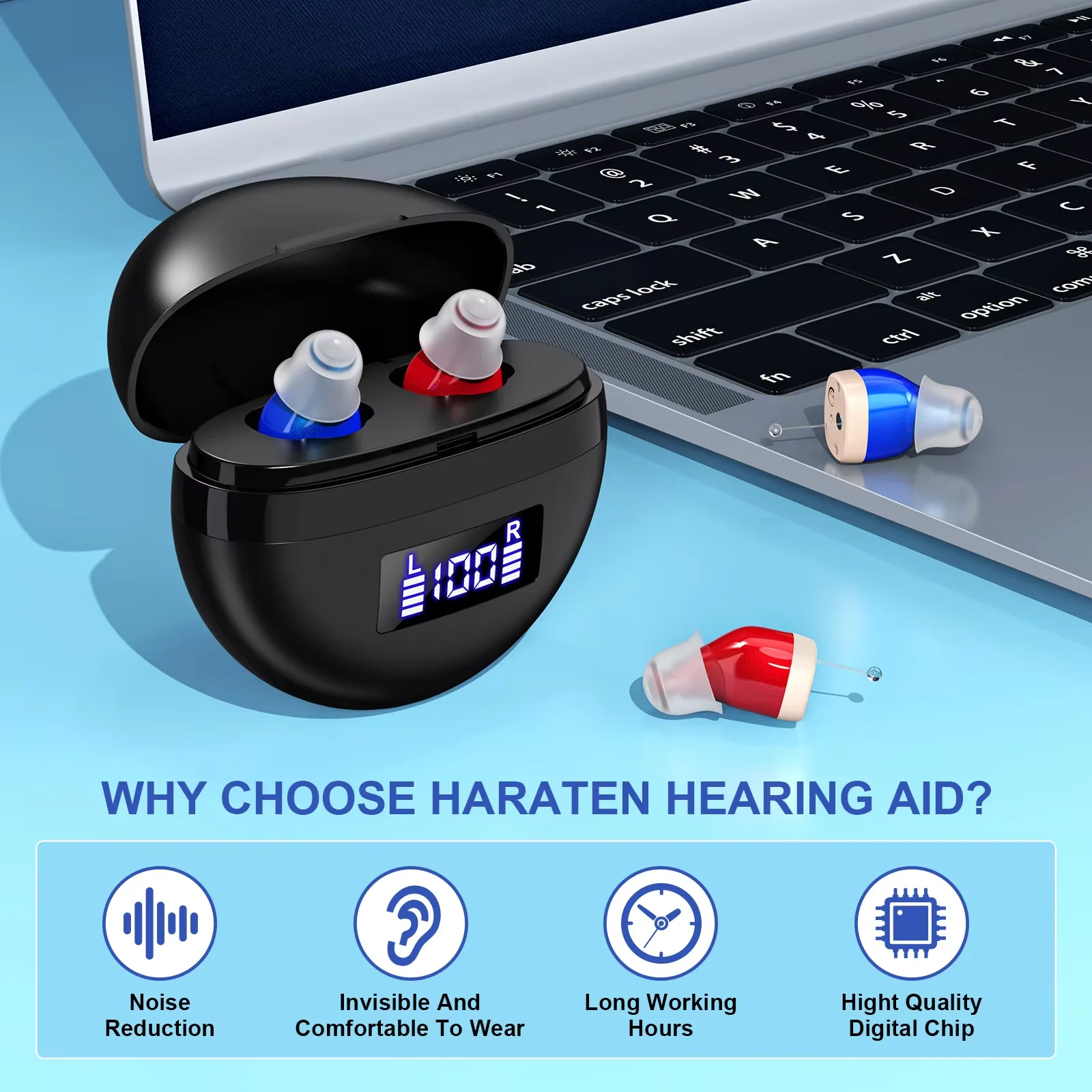 Mini In Ear Earphones Rechargeable Intelligent Noise Reduction Digital Display Screen Long Range Sound Amplifier for Elderly Use