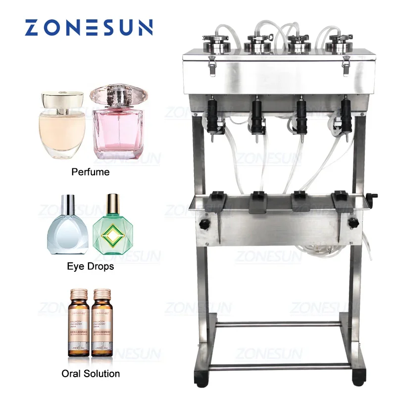 

ZONESUN 4 Heads Vacuum Liquid Perfume Milk Water Eyewash Cosmetics Beverage Pneumatic Filler Bottle Filling Machine Equipment