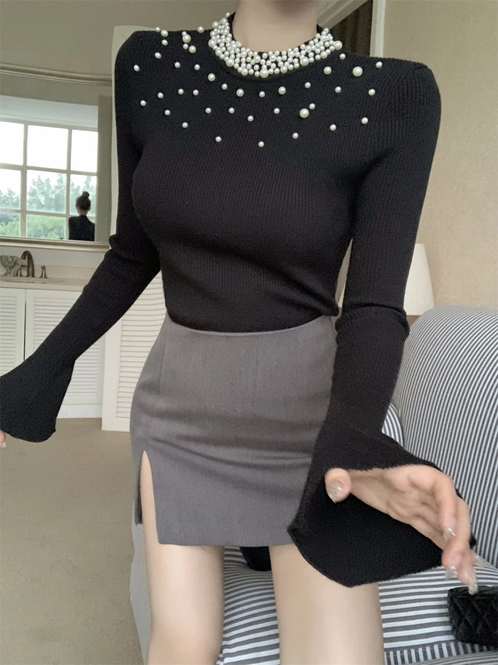 KUSAHIKI Fashion Beads Black Flare Sleeve Knitted Bottoming Pullover Women Autumn Winter Elegant Slim Sweater Base Knitwear Tops