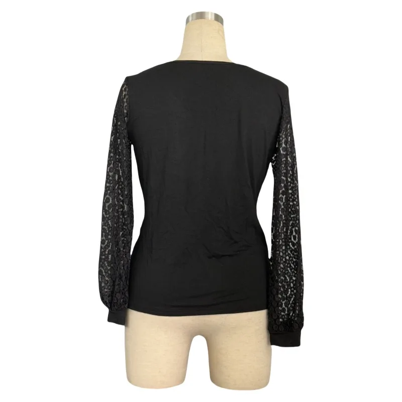 2025 Autumn Fashion V-neck Women Shirts Black Color Long Sleeve Female Tops Clothes Lace Splicing Slim Fit Folds Spring Outfits