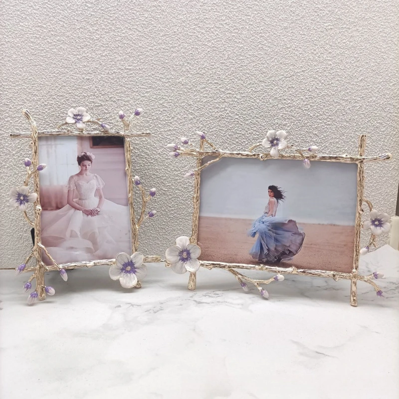 Enamel Flower Twig Metal Photo Frame,Light Luxury Golden Picture Frame,Wedding Tabletop Photo Holder, Home Bedroom Desktop Decor