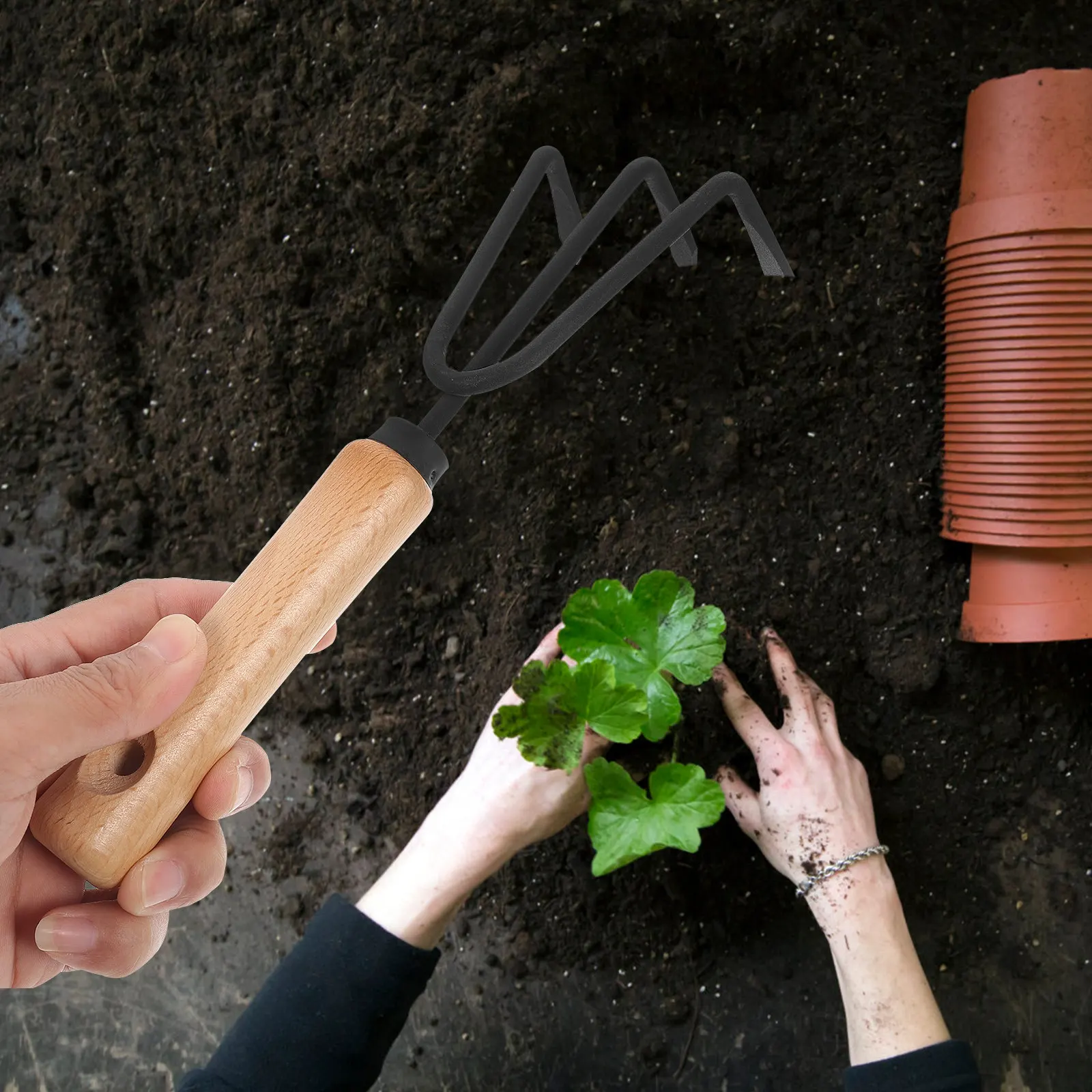 1-セット熊手ツールツールセットシャベル熊手フォーク木製ハンドル植栽用花園芸屋外実用ツール