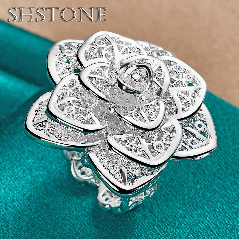 

SHSTONE 925 Sterling Silver Rings Lady Three-dimensional Flowers Open Ring For Women Party Anniversary Vintage Exquisite Jewelry
