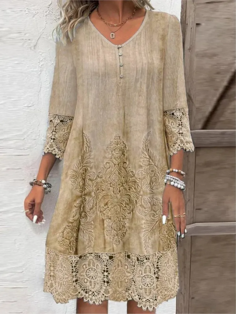 

Summer Simple Solid Color Lace Dress Women's Elegant And Fashionable V-neck Petal Sleeve Loose And Comfortable Casual Dress