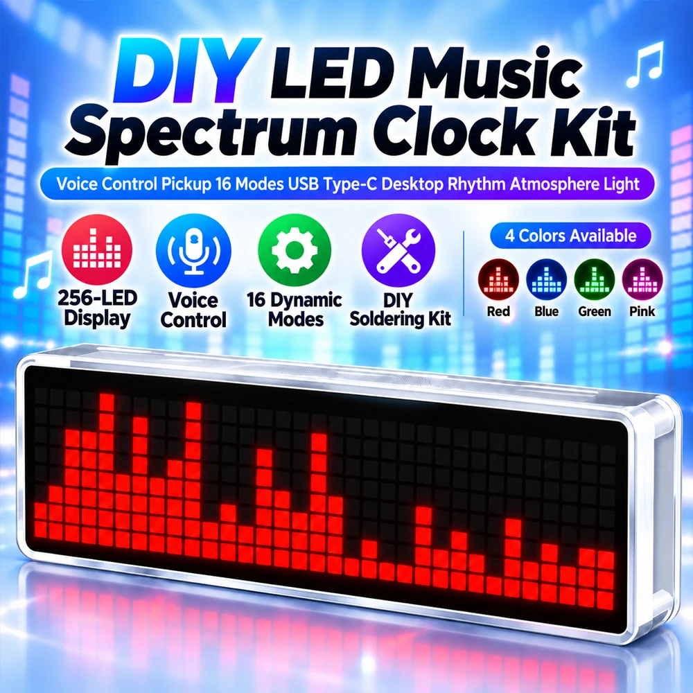 DIY LED Musik-Spektrum-Uhr-Bausatz mit Sprachsteuerung, 16 Modi, Desktop-Rhythmus-Atmosphärenlicht, Elektronisches Lötprojekt-Kit