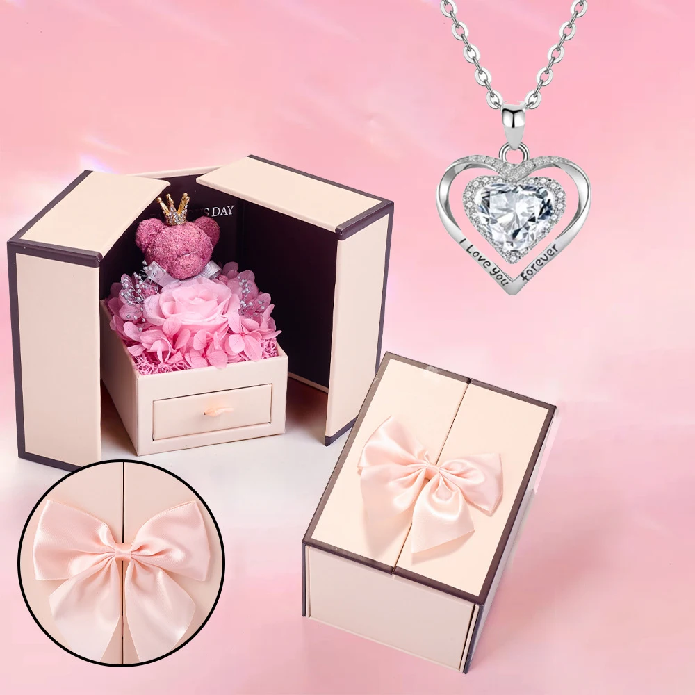 

Zircon Heart Necklaces Pendant With Cute Bear Rose Gift Box For Women Girlfriend Mom Wife Romantic Luxury Birthday Gifts 2025