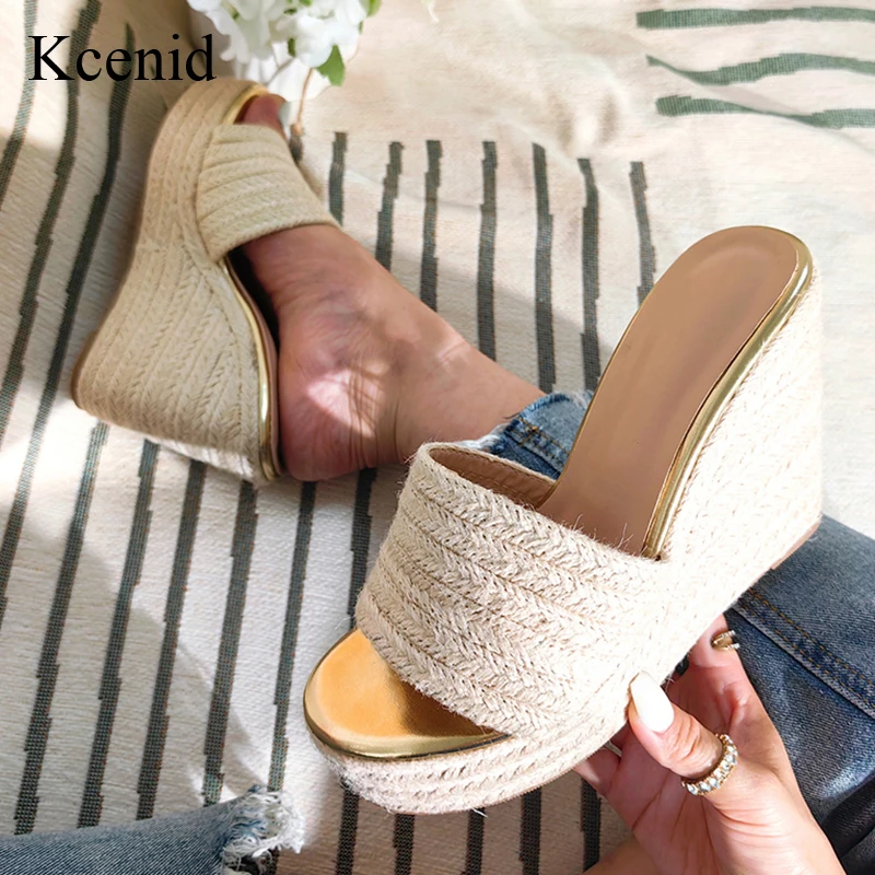 

Kcenid 2024 Summer Wedge Heel Slippers For Woman Handmade Straw Rope Weave Platform High Heels Shoes Fashion Open Toe Sandals