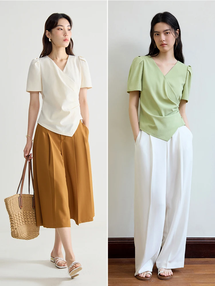 DUSHU Women Short Sleeve Chiffon Green Blouses V-Neck Temperament Summer Thin Office Lady Beige Short Shirt Tops 24DS82545