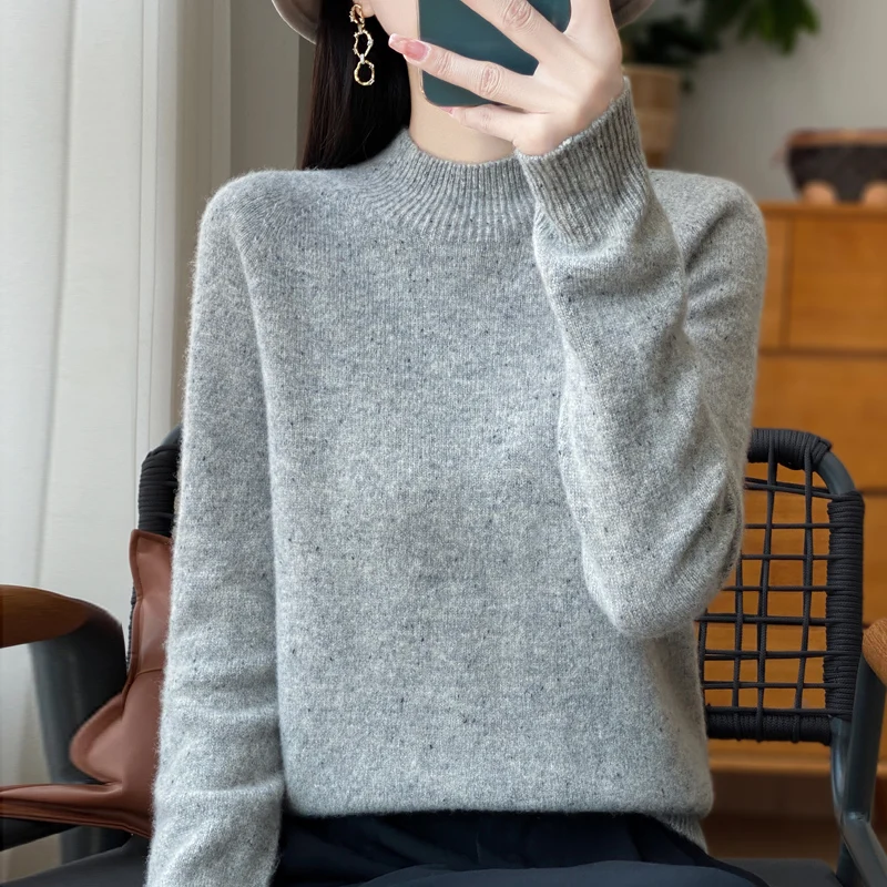 Thickened Women\'s 100% Merino Wool Semi-high Neck Pullover Warm Sweater In Autumn and Winter Women\'s Long-sleeved Knit Top