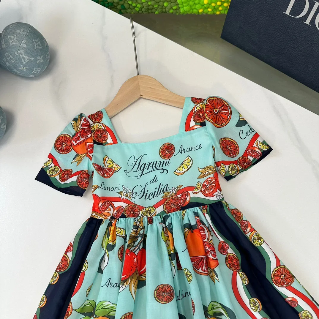 French design style Vintage Print Fruit Girls Summer Dress New Bright Holiday Short puff sleeved flower Princess Dresses 100-160