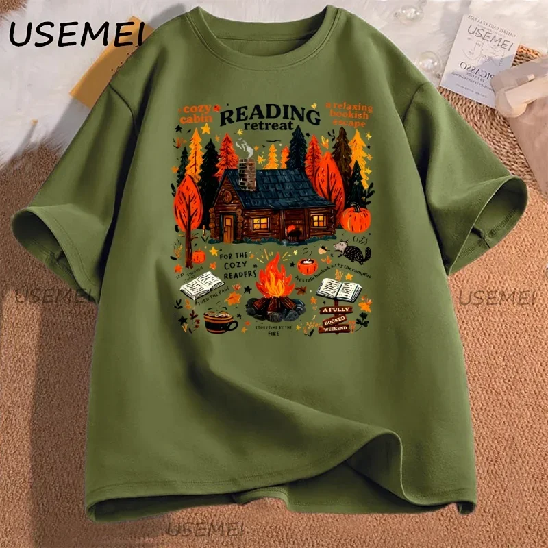 Cozy Cabin Reading Retreat T-shirt Fall Bookish Tshirt Readers Pumpkin Spice Book T Shirt Fashion Kawaii T-shirt Y2K Clothing
