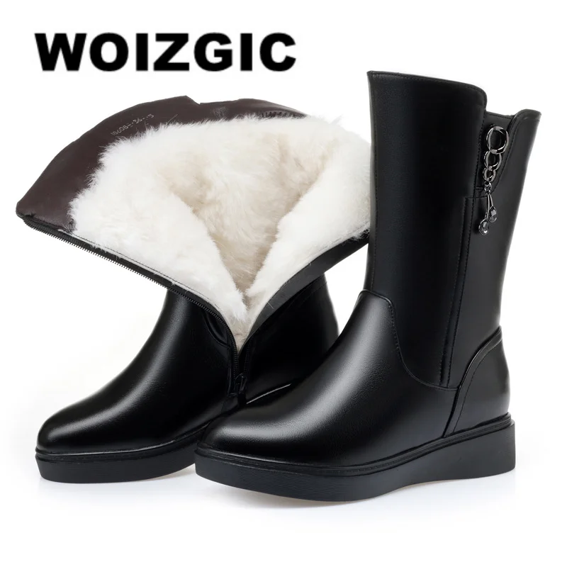 WOIZGIC-Bottes de neige mi-mollet en fourrure de laine pour femme, chaussures d'hiver pour femme, peluche chaude, fermeture éclair, cuir véritable, grande taille 42 43