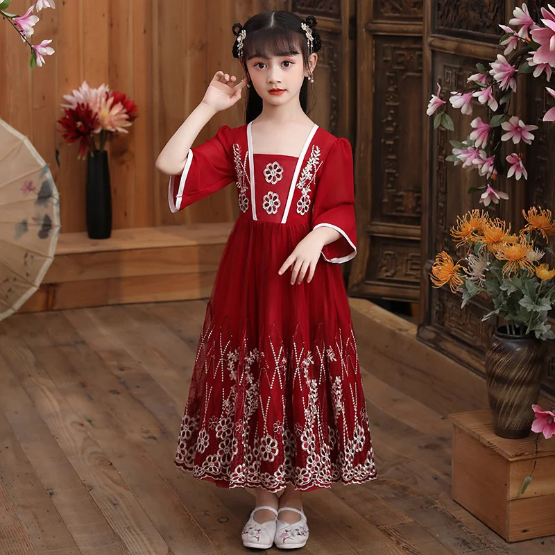 Girls' spring Han dress 2022 spring new Chinese style princess skirt girls' spring and autumn children's yarn skirt