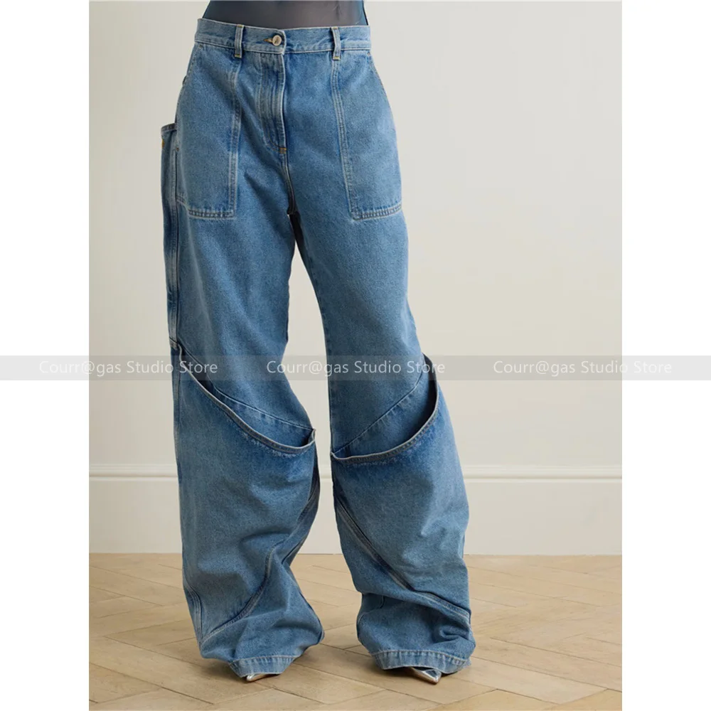 Vintage washed distressed high waist blue jeans layered stitching sleeve wide leg pants for women