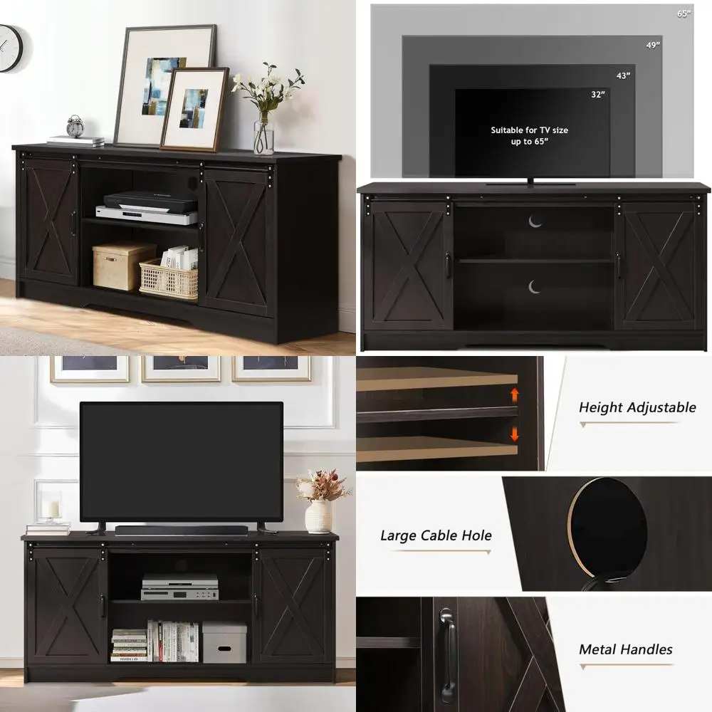 65インチテレビスタンド、スライド式納屋ドア付き、エスプレッソエンターテイメントセンター、大型テレビ用収納キャビネット