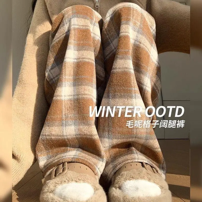 

Новая модель женских брюк осень-зима коричневые сетчатые мягкие джинсовые брюки на флисовой подкладке повседневные утепленные сохраняющие тепло свободные брюки для отдыха прямого кроя