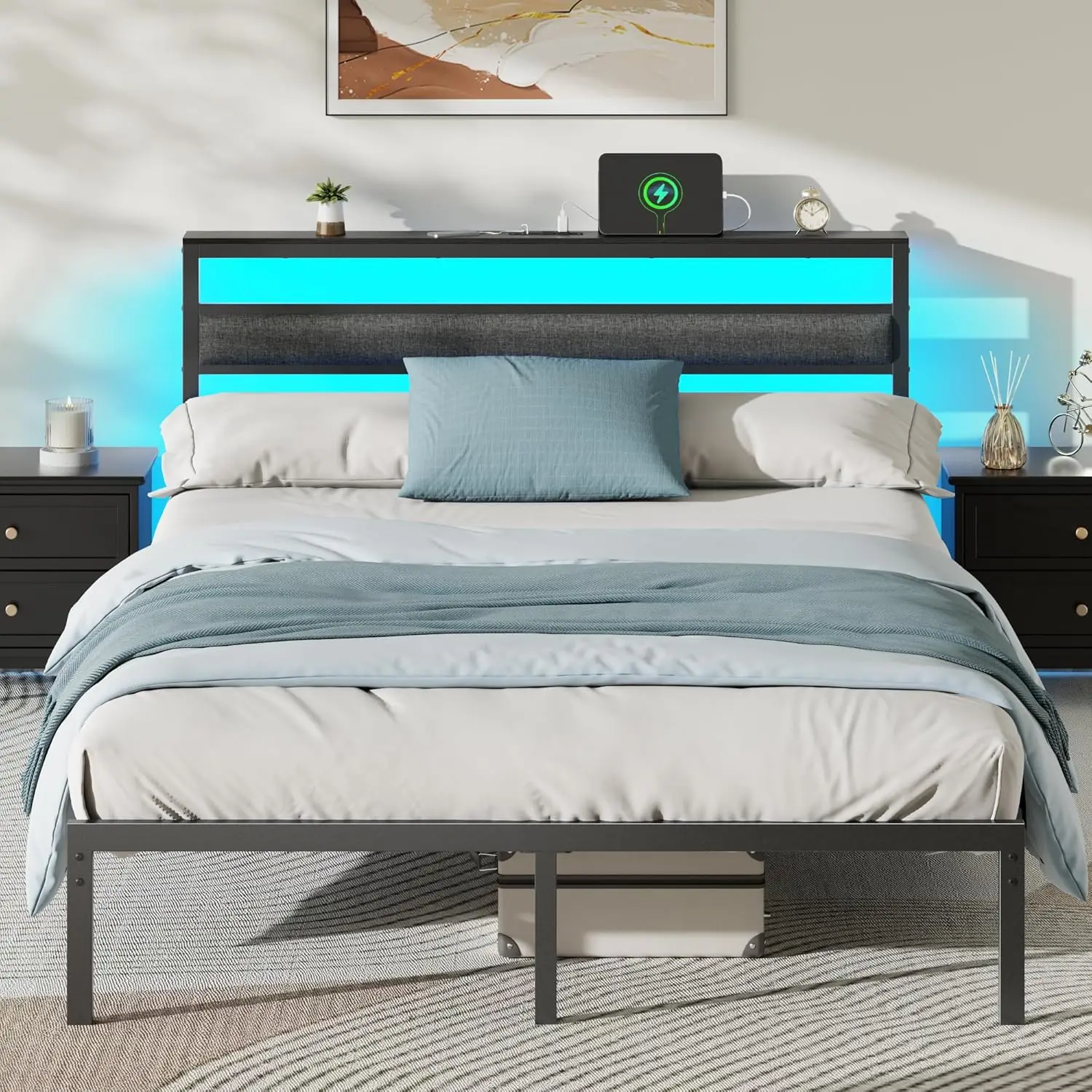 

LED Metal Platform Bed Frame with Charging Station, Headboard & Under-Bed Storage, Easy Install, Customized