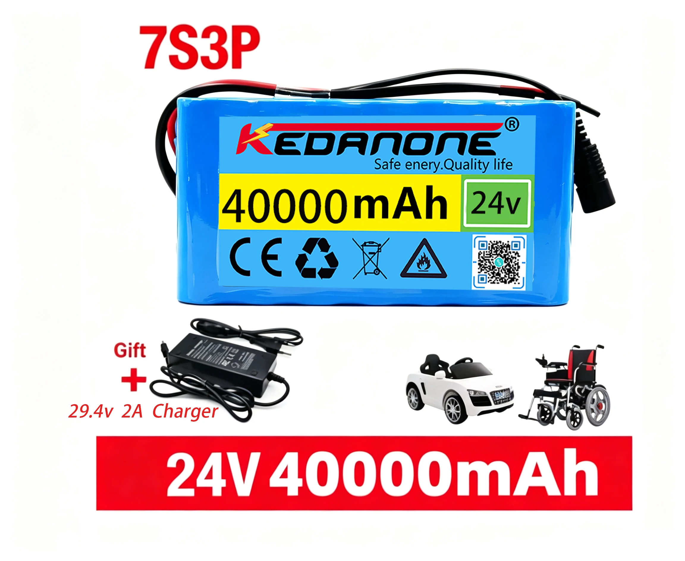 Batteria 7S3P resistente, 24V 40Ah, ricaricabile, pacco batterie al litio 18650 con caricabatterie 29,4V 2A per sedia a rotelle elettrica e scooter.