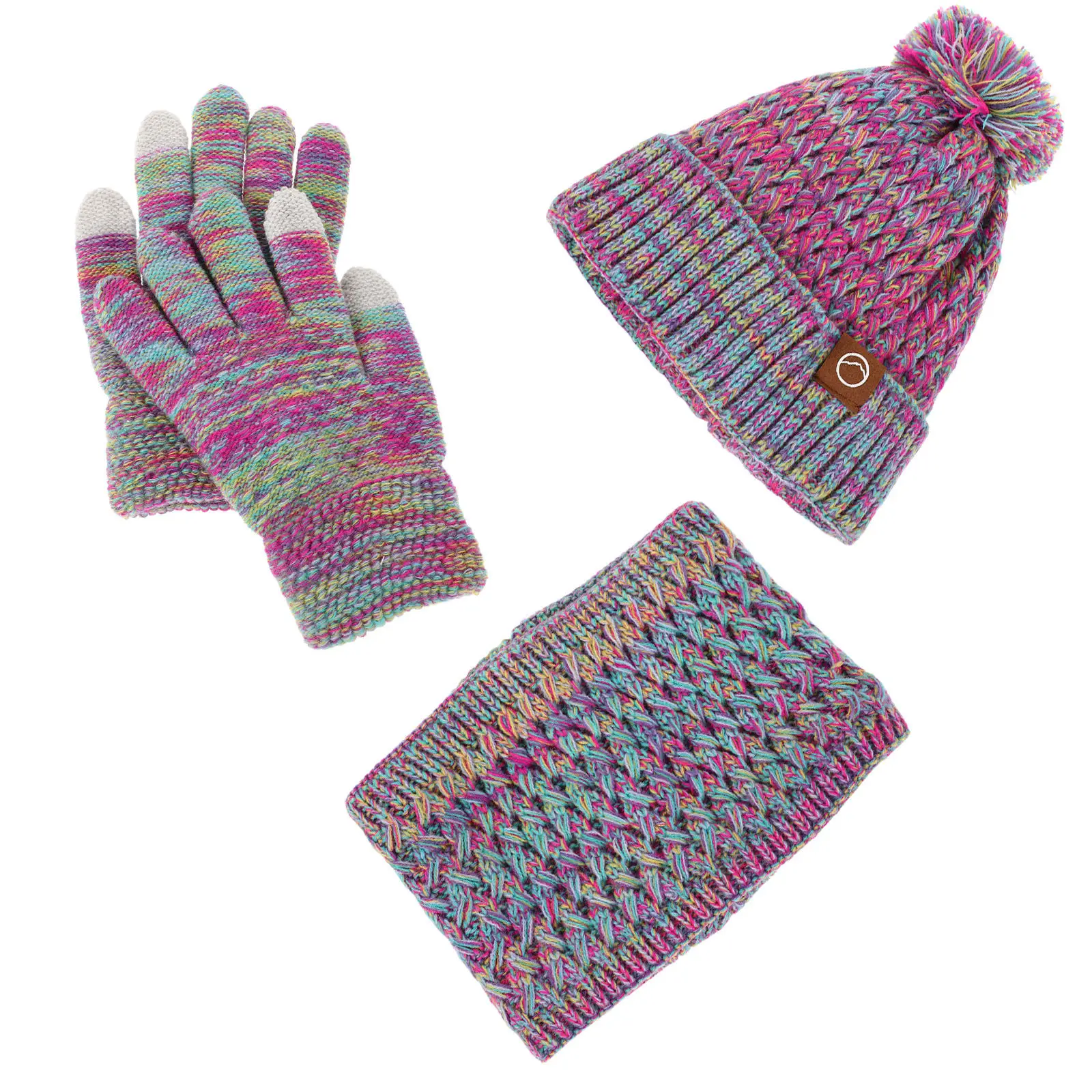 

Winter Hat Gloves Scarf Set Violet Knitted Pom Pom Beanie Fleece Lined Neck Warmer Full Finger Gloves Outdoor Play