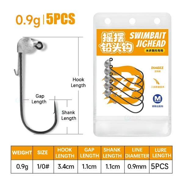 5 Stück Jigkopfhaken 0,9g 1,3g 1,8g 2,7g Midosto Serie Wobble Mustad Haken Bleijigs für Weichköder für Barsch- und Forellenangeln