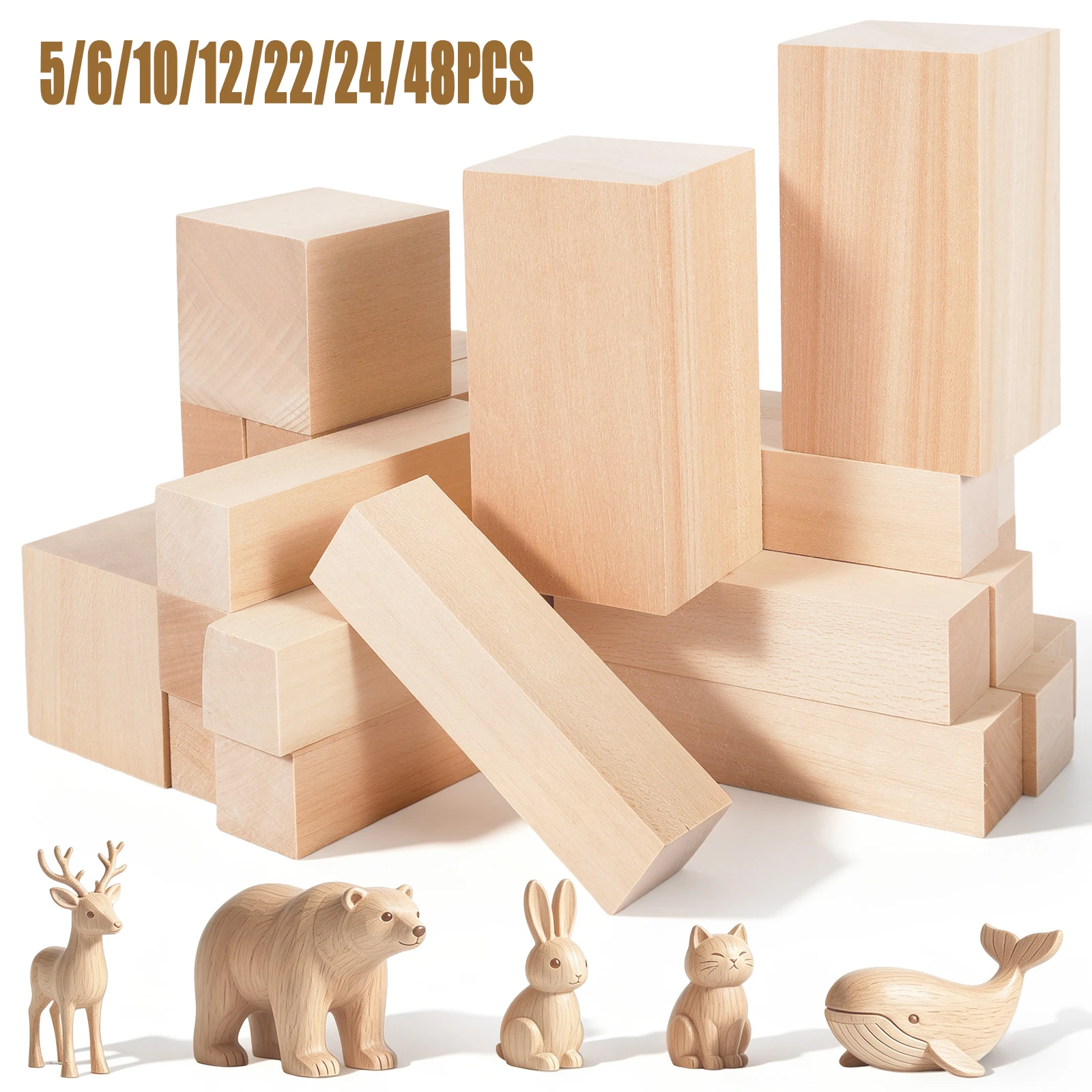 Bloques de Madera de Tilo para Tallar, 5-48 Piezas, Corcho Natural, Manualidades en Madera, Portátiles, Adecuados para Principiantes/Amantes de las Manualidades
