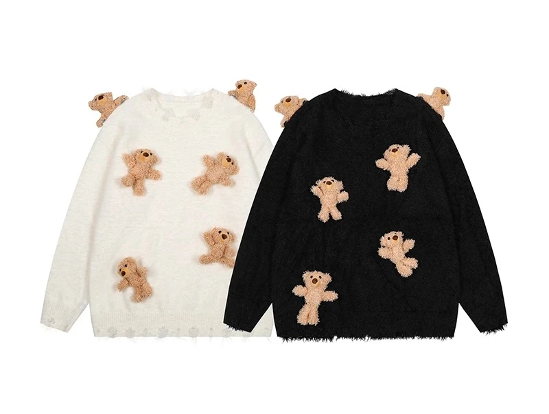 2025 가을 겨울 신상 핫세일 일본 스타일 재미있는 3D 곰 라운드넥 살구색 스웨터 루즈 캐주얼 블랙 니트 탑