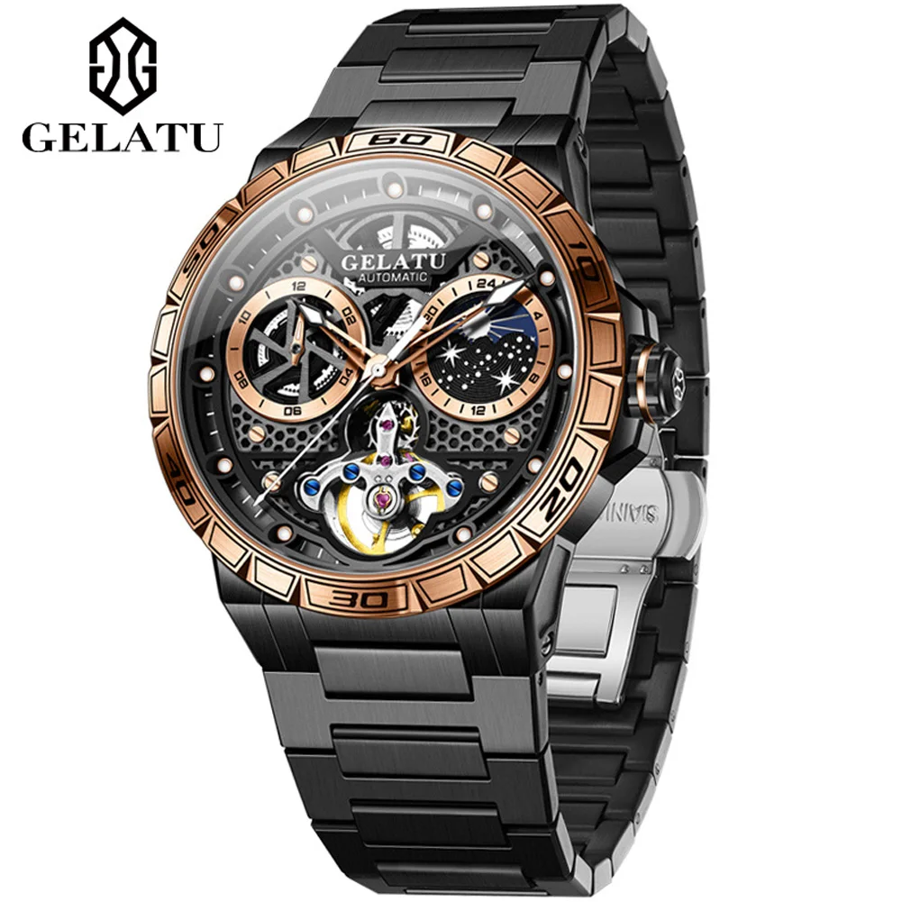 GELATU High-end Luxury Man Watch 2024 New Stainless Steel Skeleton Hollow Out Multifunction Mens Automatic Mechanical Wristwatch