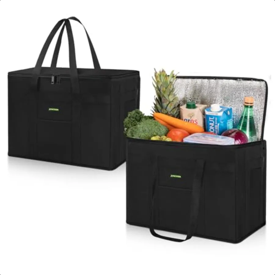 

2Pack HeavyDuty Insulated Grocery Bags Food Delivery Bag Collapsible Cooler Bag with Zippered Top Reusable Shopping Bags for Gr