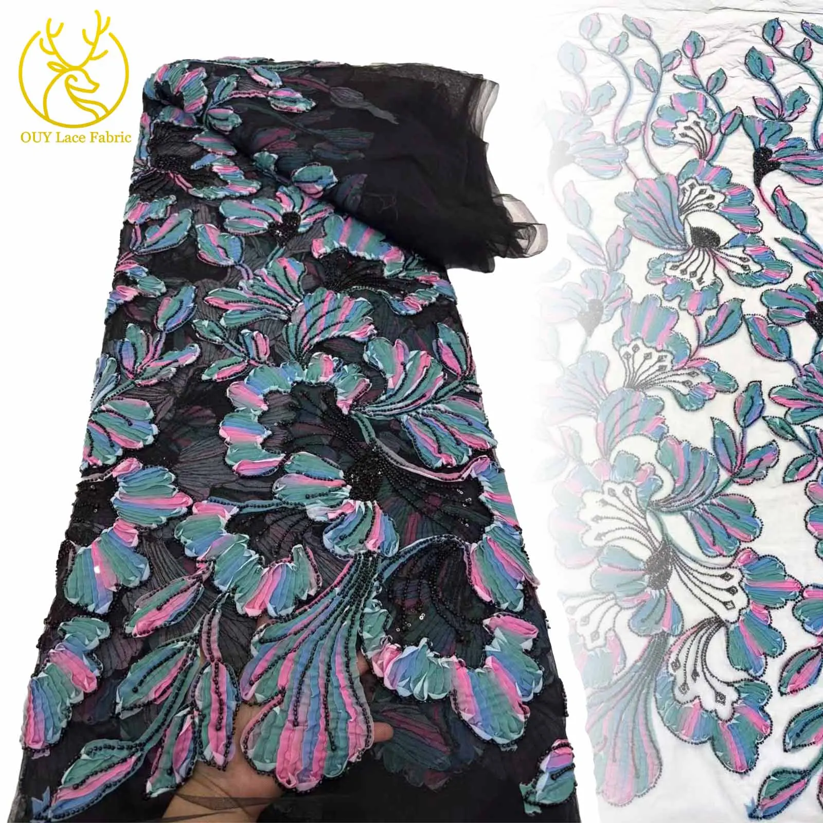 

Latest 3D Flower Embroidery African Beaded Sequins Lace Fabric 2025 High Quality French Nigerian Women Party Dress Material