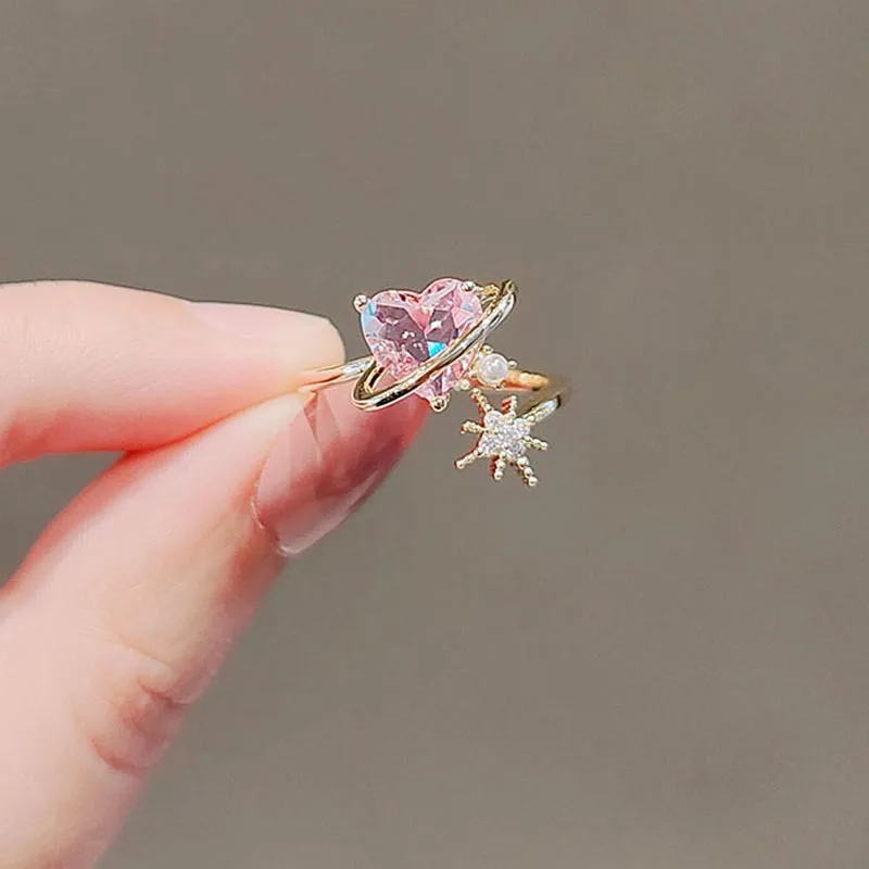 2024 Korean New Exquisite Lovely Pink Love Opening Ring Fashion Temperament Versatile Ring Female Jewelry