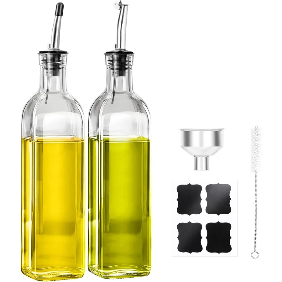 Botella dispensadora de aceite de oliva, 2 uds., botella de aceite de vidrio para dispensador de aceite y vinagre con 2 vertedores de acero inoxidable, 4 etiquetas