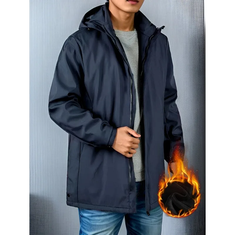 

2023 New Men's Winter Warm Fashion Jacket Fleece Lined Thicken Hooded Windbreaker Coat Middle Long Thermal Overcoat Plus Size8XL