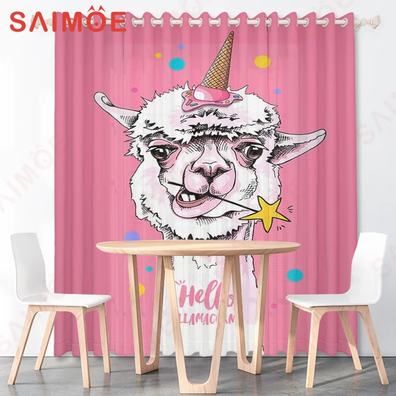 Cute Girl Heart Style Pink Alpaca Beautiful Poster Anti Cold Insulating Thermal Window Curtain Children's room Shower Decor Set