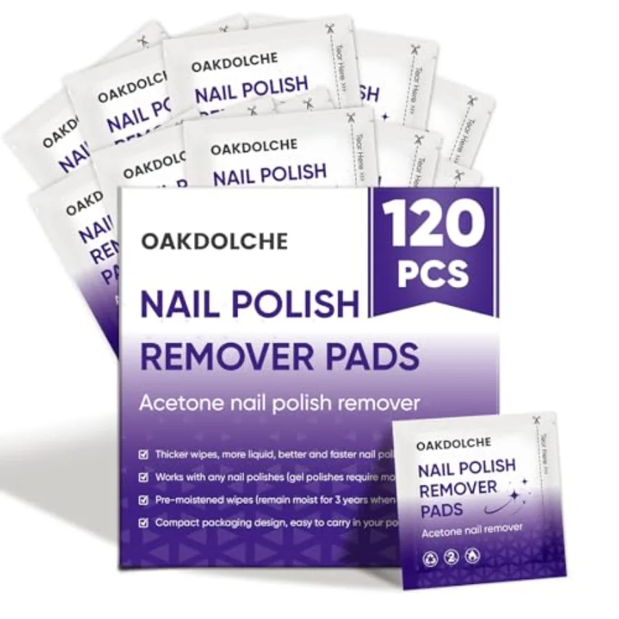 

120 Pack Bulk Acetone Nail Polish Remover Pads, Individually Wrapped and Travel-Friendly, Quick and Effective for Gel and Finge