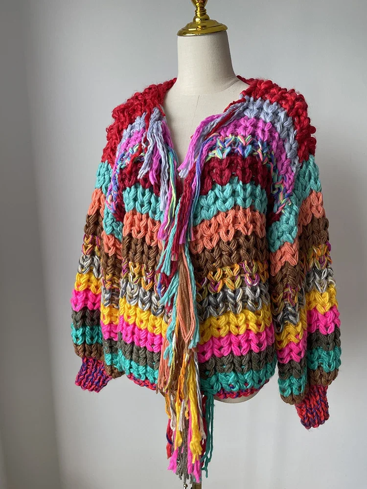 Rainbow Color Tassel Front Chunky Knit Cardigan 2024 Winter Women Handmade Sweater Niche Design Knitwear Outfit