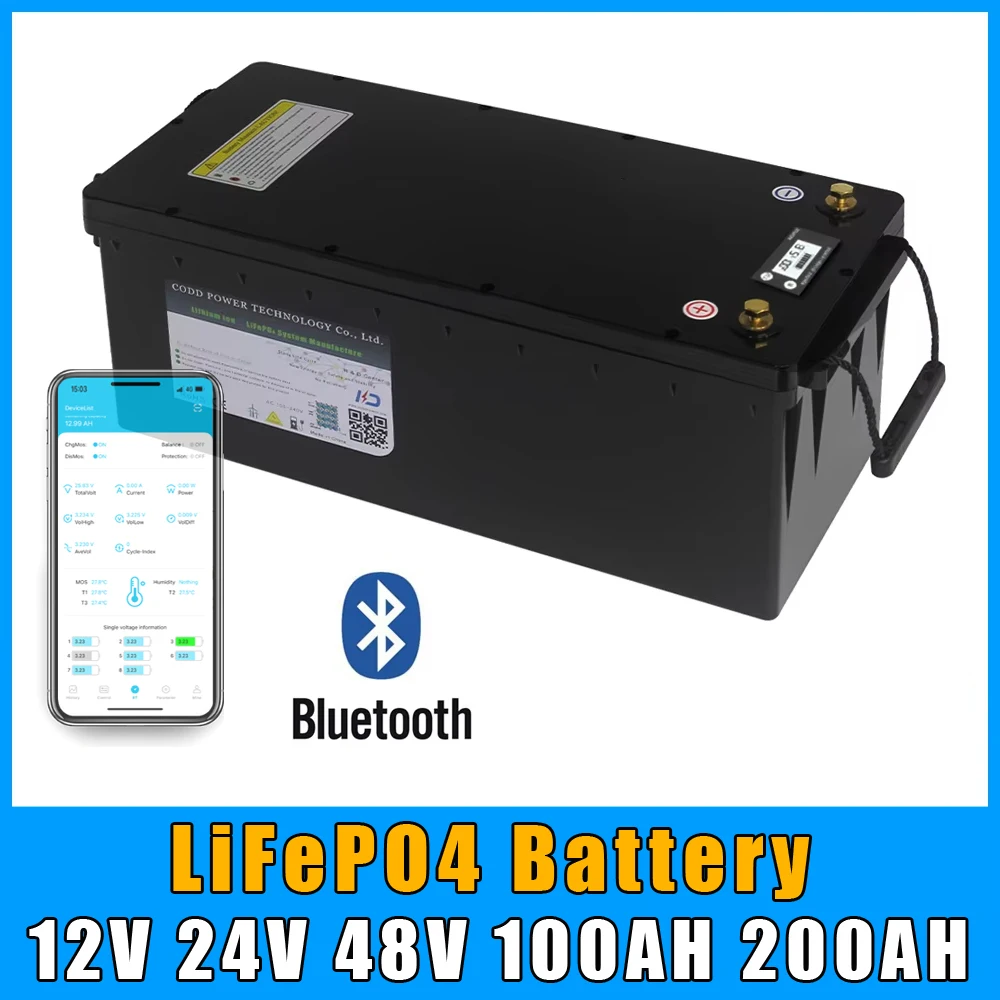 12V 24V 48V 100AH 200AH 300AH LiFePO4 Battery Pack Bluetooth BMS For Solar RV Caravan Storage Boat Yacht Golf Cart NO TAX