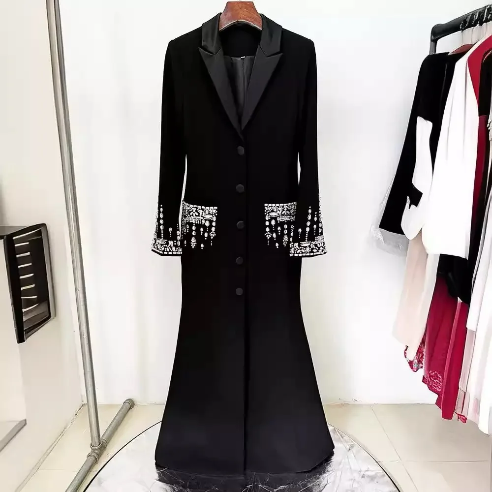 

Customized Front Button Evening Coat Dresses for Women Peaked Lapel Formal Jacket Dress Satin Long Outfit with Pocket