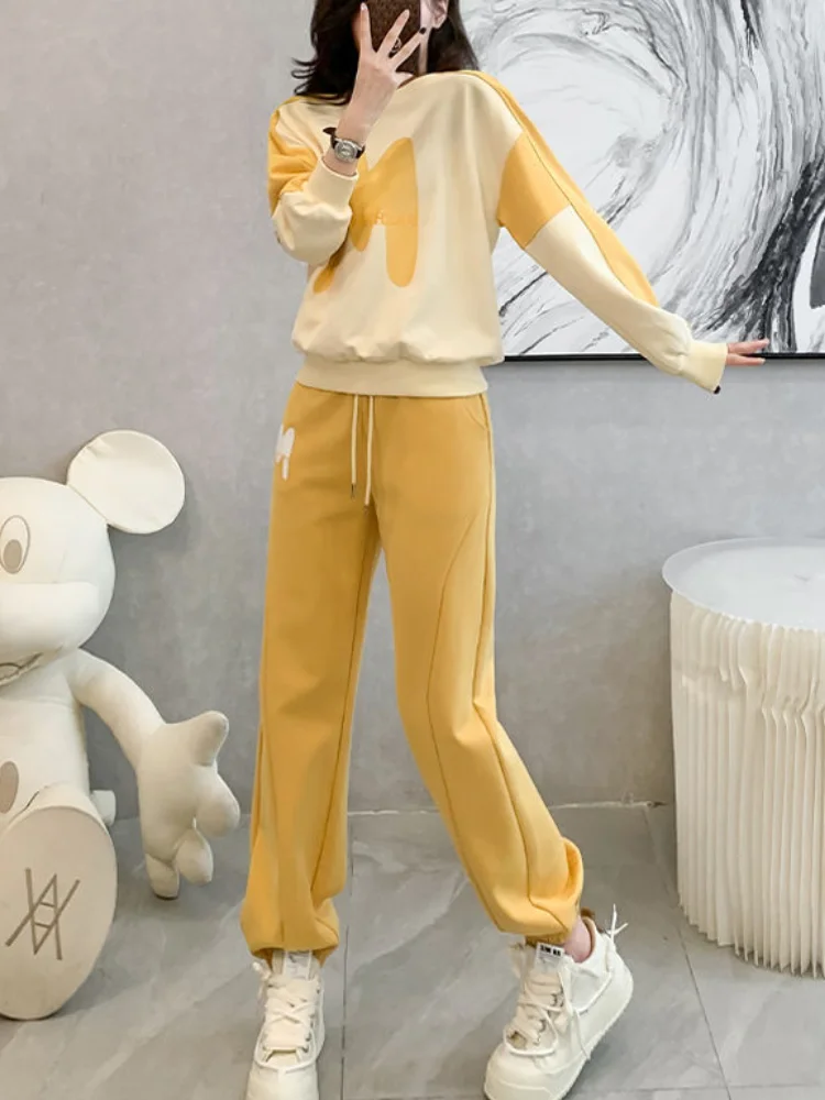 Spring Autumn Ladies Trouser Pink Sweatshirt Women's Pants Two Piece Set Printing Sport Draw String Tracksuit Casual Elegant Xxl