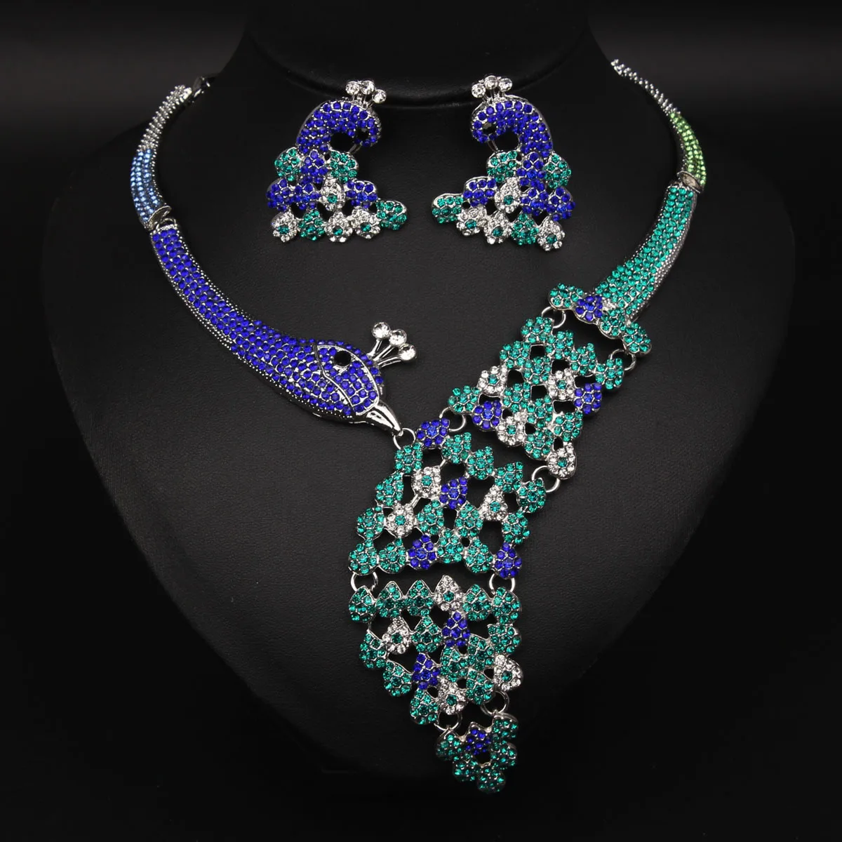 Luxury Crystal Peacock Necklace Earrings Set Women Fashion Banquet Party Choker Jewelry Bride Wedding Accessory