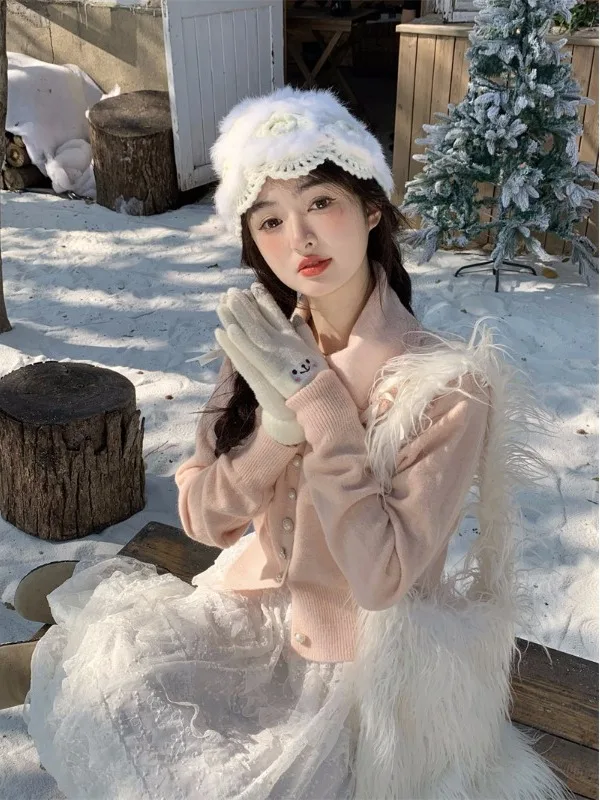 

Sweet Knot Knitted Jaet Long Sve Warmth Retaining Gentle Sle Autumn Winter Sweater Cardigan for Young Women