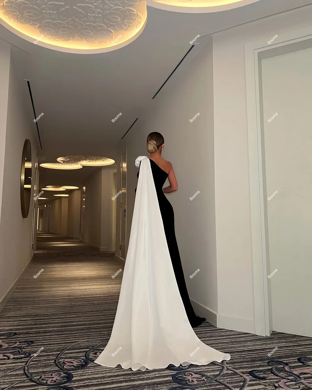Booma Black and White Mermaid Evening Dresses One Shoulder 3D Flowers Cape Formal Occasion Gowns for Women Arabic Prom Dress