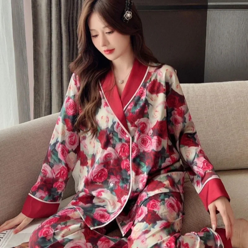 Large Size Rose New Pajamas Women Ice Silk Long Sleeve Spring Autumn Temperament Can Be Worn Outside The Home Suit Set Lounge