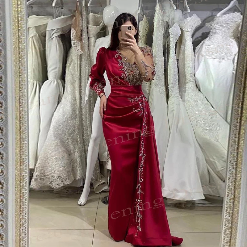 2025 Beautiful Red Women\'s Mermaid Generous Evening Dresses Appliques Long Sleeve Customized Prom Gowns Pleated Vestido De Festa