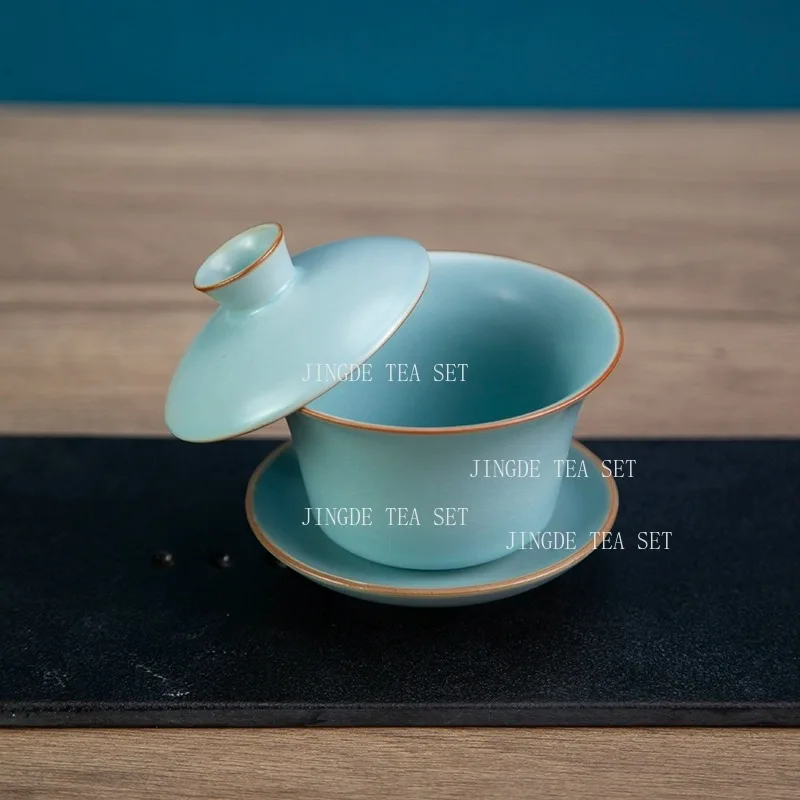 Service à thé en céramique bleu ciel, 1 pièce, tasse à thé gaiwan faite à la main, accessoires de thé traditionnels en porcelaine avec tasse à thé couverte