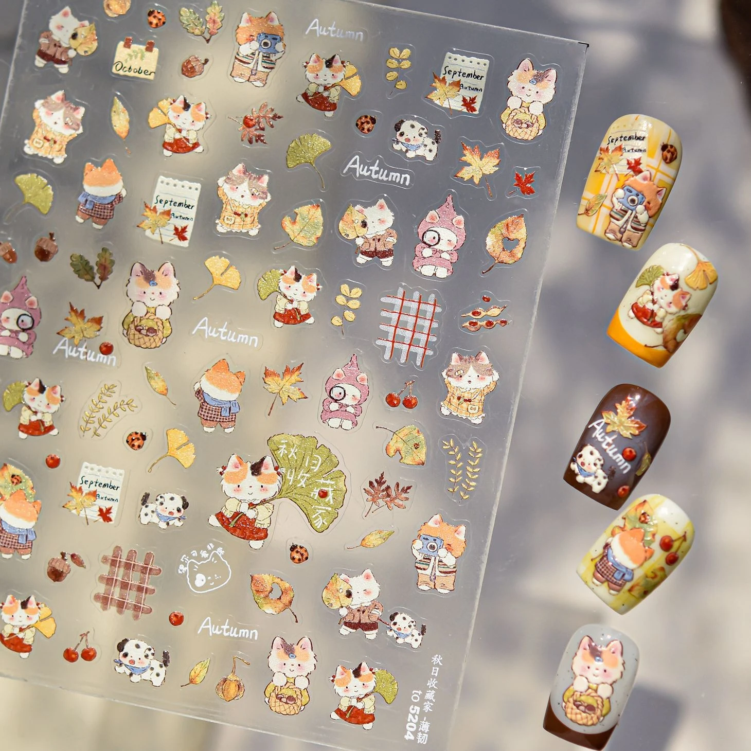 Herfst ontbladering Ginkgo blad esdoorn bladeren herfst fruit dennenappel lieveheersbeestje kersen puppy gird kat nail art stickers manicure stickers