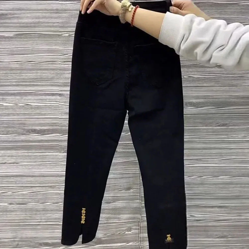 2023 Autumn Loose Chic Denim Trousers Women Slim Split Wide Leg Pants Korean Style High Waist Straight Blank Plush Jeans Female